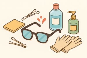 眼鏡の塗料落としに必要な道具が並んだイラスト