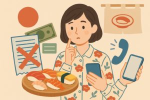 スシロー店舗で返金手続きを受ける男女と店員のイラスト