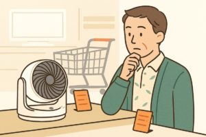 家電売り場でサーキュレーターの価格を比較する男性のイラスト。