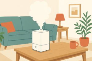 EE-DE50の加湿力やデザイン性を表すリビング風景イラスト