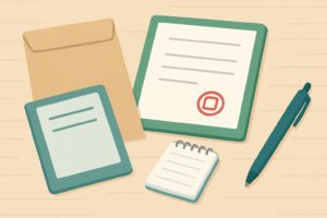 封筒や回覧板、領収書が机に並んでいるイラスト