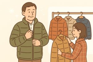 中綿ポリエステル100ジャケットを選んでいる人物のイラスト