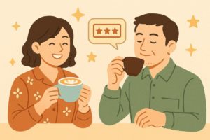 コーヒーを楽しむ利用者のイラストとレビューイメージ