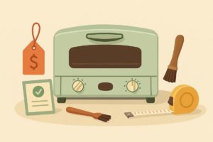 トースターと共に価格タグ、保証書、掃除用ブラシ、メジャーを背景に添えたイラスト