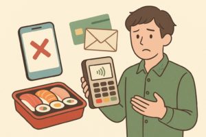 スシローの寿司セットをテーブルで囲む母親と子供たちのイラスト