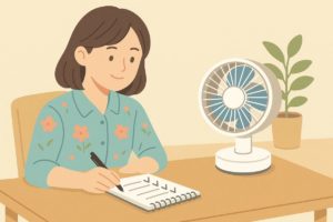 ノートにチェックを書き込みながら検討する若い女性とサーキュレーターのイラスト。