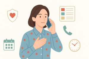 通話で丁寧に連絡する女性と正直さ・連絡要素を示すシンボルのフラットイラスト
