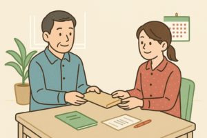 班長が町内会費の封筒を渡す場面のイラスト