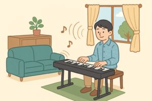 家具やカーテンを使って音漏れを防ぐ工夫を描いたイラスト