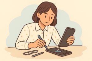 iPhoneのパネルをヘラと吸盤で慎重に開けている場面のイラスト