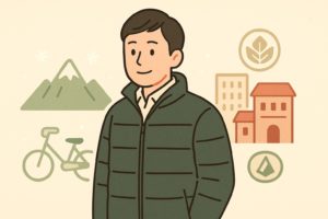 人気ブランドの中綿ポリエステルジャケットを着た人物のイラスト