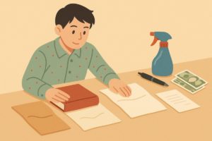 厚紙や画用紙を慎重に直しているイメージのイラスト
