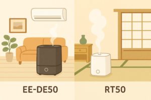 EE-DE50は洋室リビング、RT50は和室や寝室など設置場所の違いを描いた加湿器イラスト