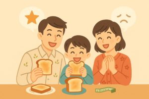 パンを食べて笑顔の家族と、背景に吹き出し風の好評と少し困った表情を示すイラスト