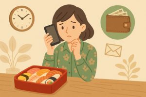 スシローのアプリクーポンを見て喜ぶカップルのイラスト