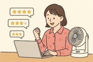 レビューを見ながら喜ぶ若い女性のイラスト。