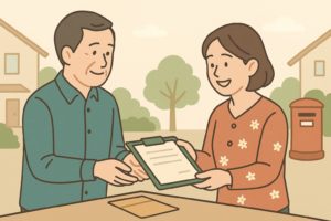 住民が回覧板を手渡ししているイラスト