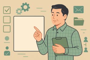 計画ボードを指す人物とチェック・歯車・連絡・共有の要素を配したフラットイラスト