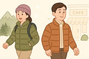 中綿ポリエステル100ジャケットをアウトドアや街中で活用する人物のイラスト