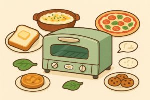 トースターと一緒にバタートースト、グラタン皿、ピザ、クッキーを背景に配置した料理バリエーションのイラスト