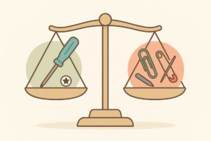 専用ドライバーと代用工具を天秤にかけて最適な選択を考えるイラスト