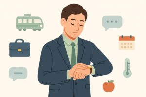 業種シンボルの前でバランスを取る人物と評価・ストレスを象徴する抽象要素のフラットイラスト