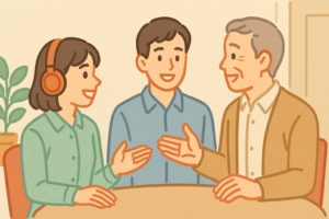 大家さんや隣人と笑顔で話し合う人々を描いたイラスト