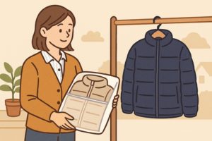 中綿ポリエステル100ジャケットを洗濯している人物のイラスト