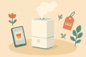 最新モデルやキャンペーンを示す加湿器とショッピングのイメージ