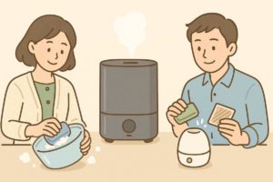 加湿器EE-DE50とRT50のタンク掃除やフィルターメンテナンスをする様子のイラスト