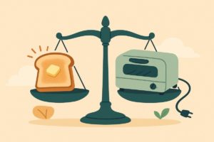 天秤の片側に輝くトースト（メリット）、もう一方に大きな本体やコード（デメリット）を描いたイラスト