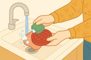 シリコンカバーをやさしく洗っているイラスト