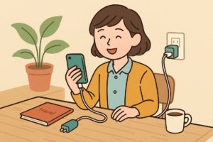 旅行者が快適に充電して安心しているイラスト