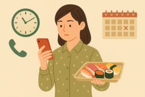 寿司パックを囲んで笑顔で食卓に座る家族のイラスト