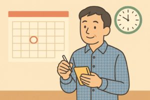 班長がカレンダーを見て集金日を確認するイラスト