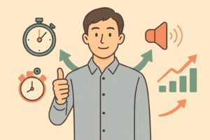 分岐の先で決断を示す人物と時間・伝達・成長を表す要素のフラットイラスト