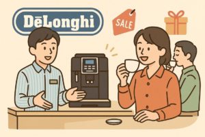 デロンギ直営店で購入相談しているイラスト