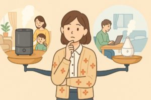 EE-DE50とRT50のどちらを選ぶか比較するイラスト。家族用と一人暮らし用を天秤にかけた構図