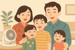 サーキュレーターを背景に家族が快適に過ごしているまとめイラスト。