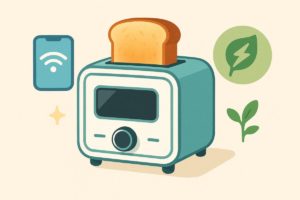 未来的なトースターと、背景にスマホアプリのアイコンや省エネのシンボルを描いたイラスト