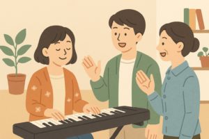 賃貸でも安心して音楽を楽しむ人々を描いたまとめ用イラスト