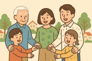 地域の住民が輪になって協力する象徴的なイラスト