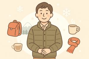 中綿ポリエステル100ジャケットを着た人物が笑顔で立っているイラスト（まとめイメージ）