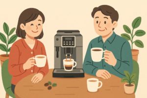 家庭でデロンギを使ってくつろぐ生活シーンのイラスト