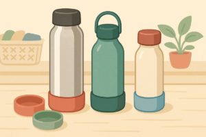 さまざまな水筒とカバーが整然と並ぶイラスト