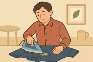 低温のアイロンでナイロンを直している男性のイラスト
