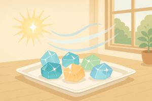 ドライヤーの冷風で琥珀糖を乾かす魅力をイメージした和風テイストのイラスト