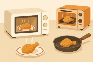 電子レンジ・トースター・フライパンなどを使って温め直す様子のイラスト