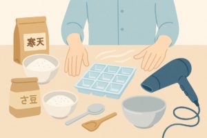 琥珀糖作りに必要な材料と道具を整えるイメージのイラスト