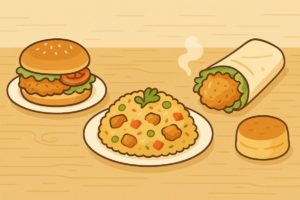 ケンタッキーのチキンを使ったサンド・チャーハン・ツイスターのアレンジ料理を描いたイラスト